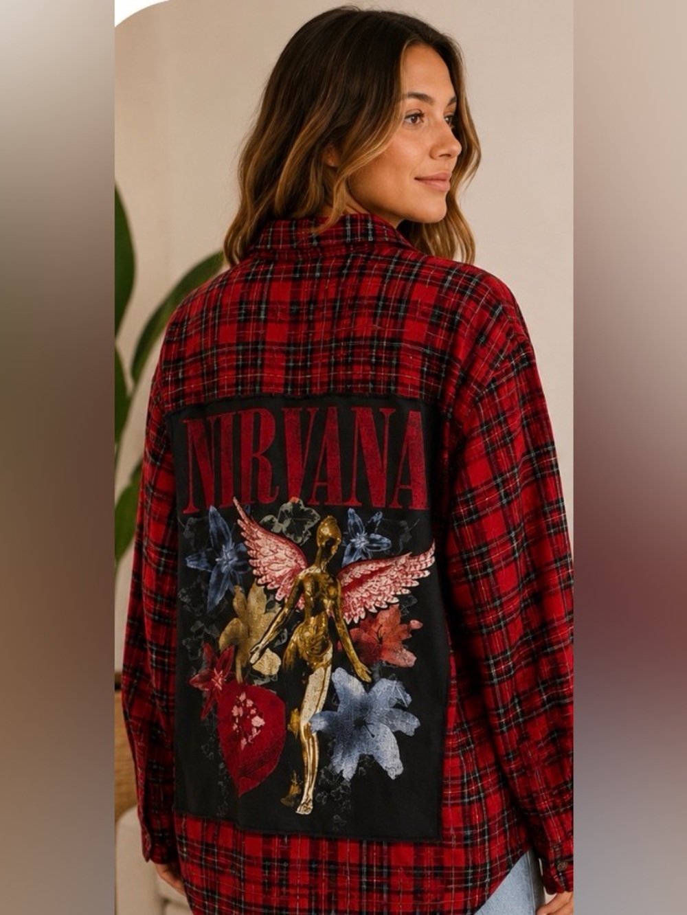 Style & Co. Upcycled Plaid shacket with Nirvana Graphic Back -  Size Large